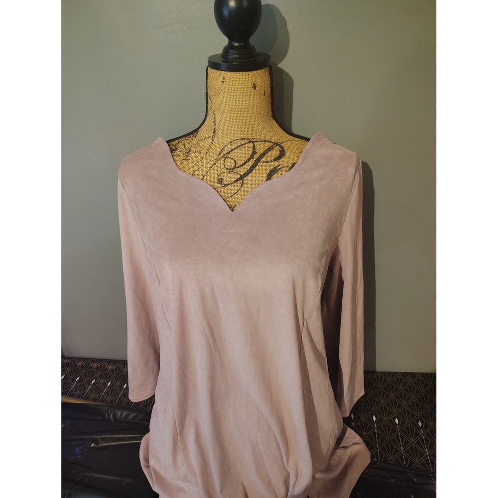 Soft Surroundings Faux Suede Notched V-Neck Top Mauve 3/4 Sleeve Large